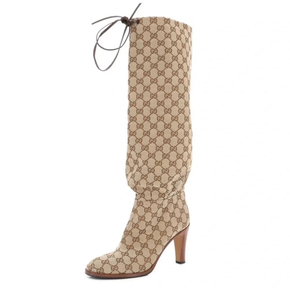 Gucci Beige GG Monogram Knee-High Boots - Picture 2 of 10